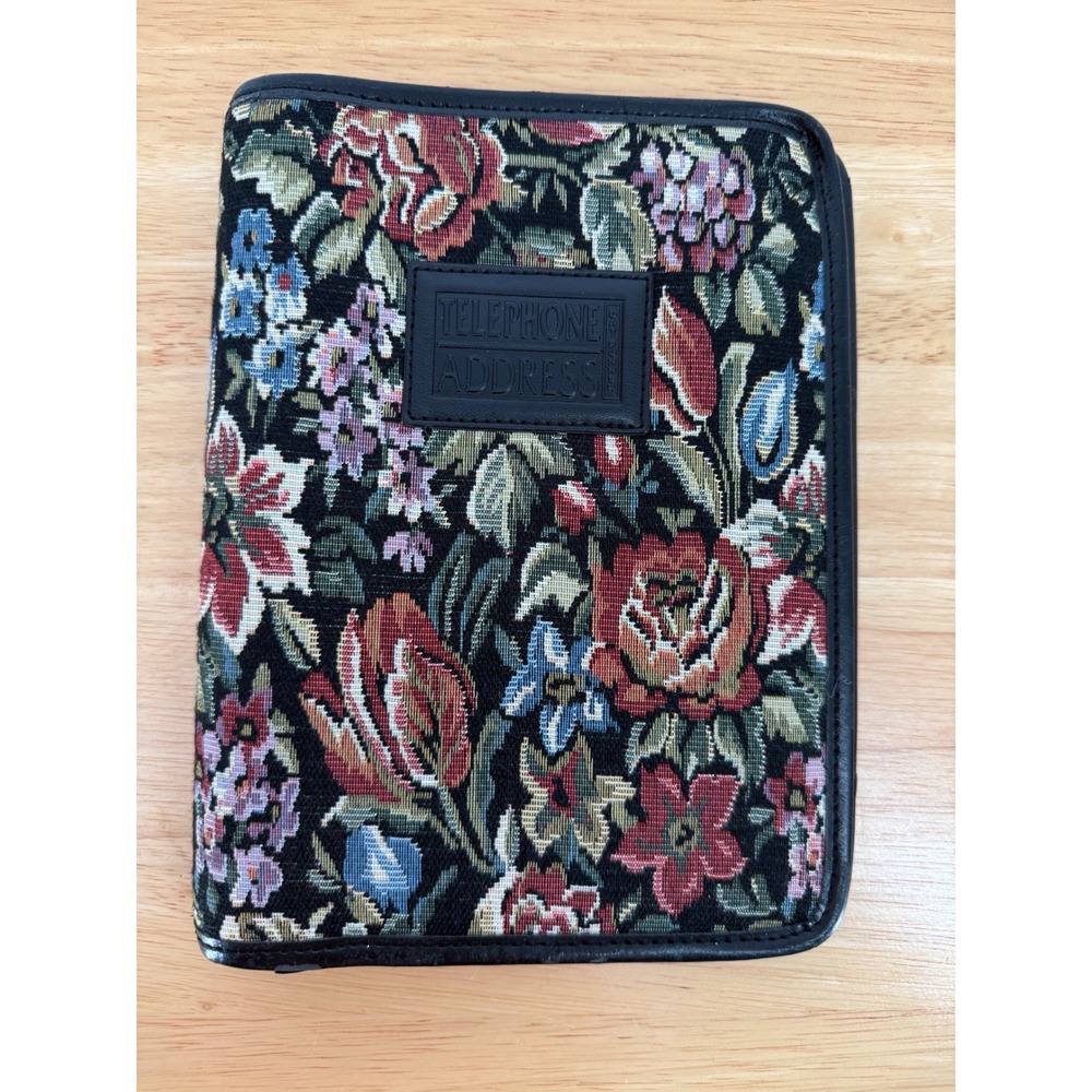 Vtg Day Runner Fact Centre Address Book Binder Black Floral Tapestry Cottagecore